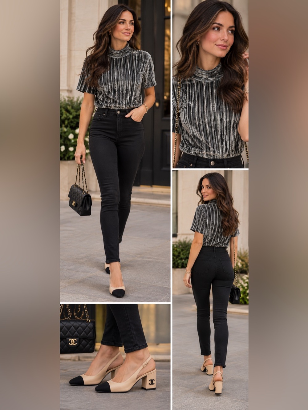 Short-Sleeve Velvet Stripe Mock Neck Shirt - Green